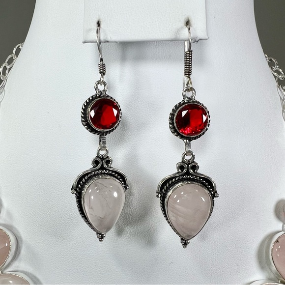 Rose Quartz Garnet 925 Large Necklace Bracelet Earrings - Picture 6 of 16